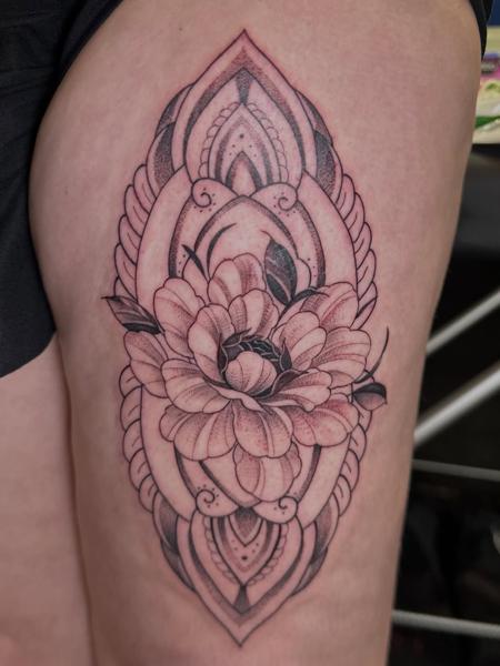 Ornamental ornamental flower tattoo by @georgie_carville_tattoo