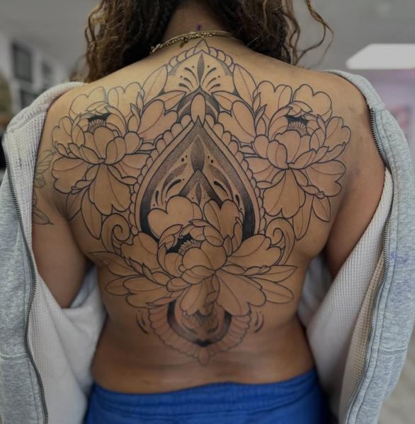Ornamental floral mandala tattoo by @georgie_carville_tattoo