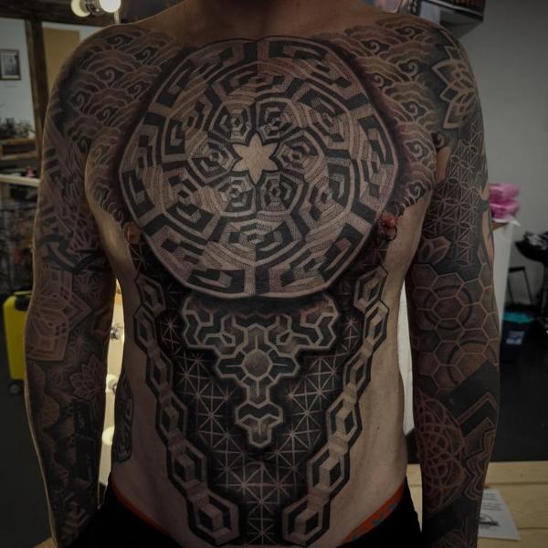 Geometric blackwork geometric pattern tattoo by @deadstuffanddots