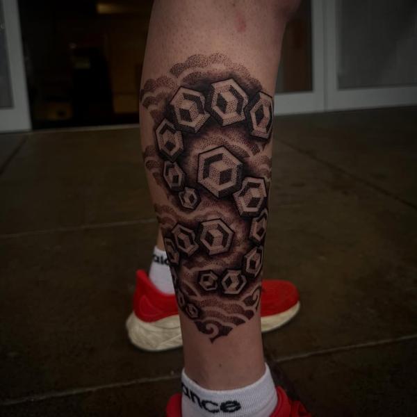 Dotwork geometric hexagons tattoo by @deadstuffanddots