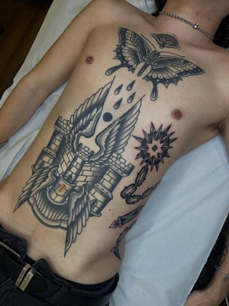 Neo-traditional winged castle tattoo by @danetattoo