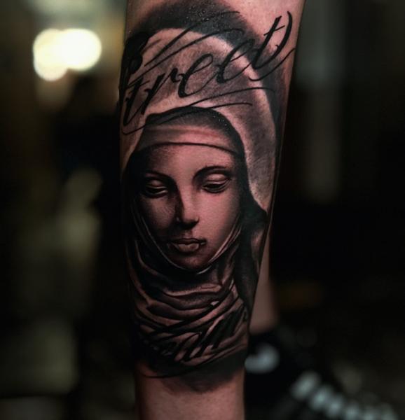 Realism religious portrait tattoo by @vanya.tattoo