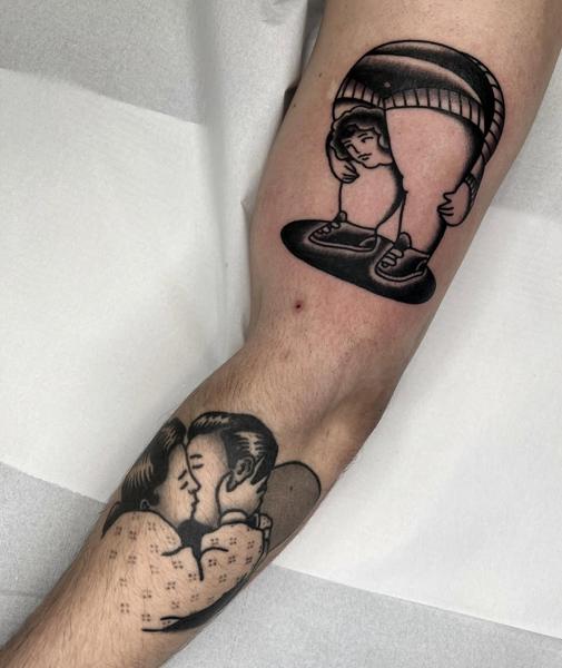 Traditional bending figure tattoo by @danetattoo