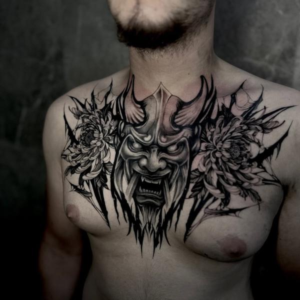 Japanese oni mask tattoo by @_mikotattoo