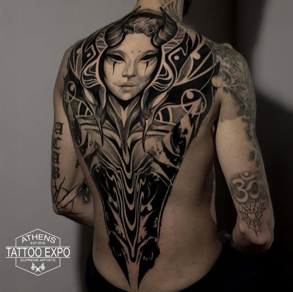 Blackwork horned woman tattoo by @_mikotattoo
