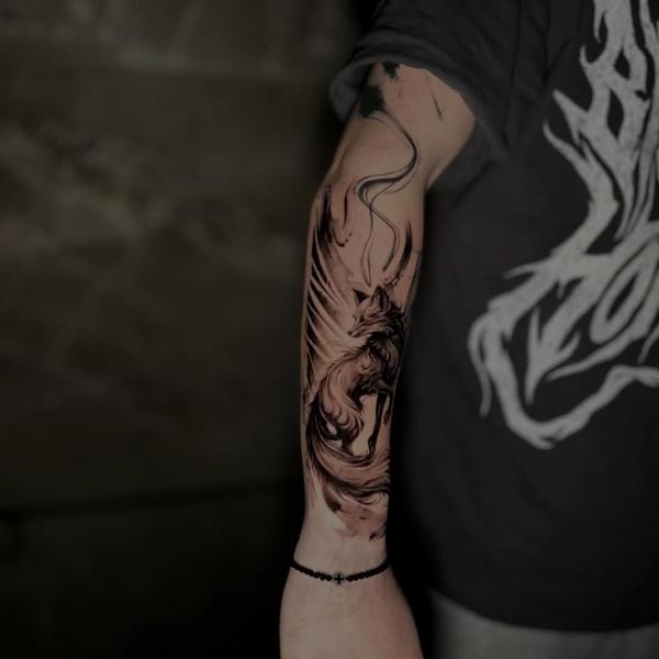 Blackwork mythical fox tattoo by @_mikotattoo