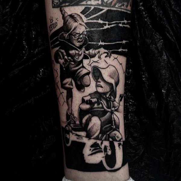 Blackwork children on scooter tattoo by @tsok3rl