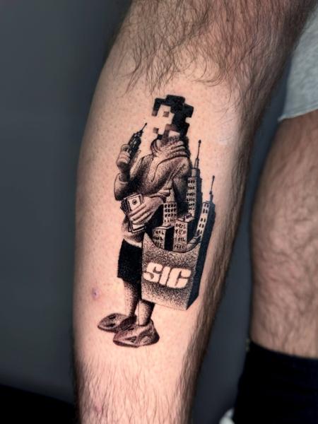 Dotwork pixelated figure tattoo by @tsok3rl