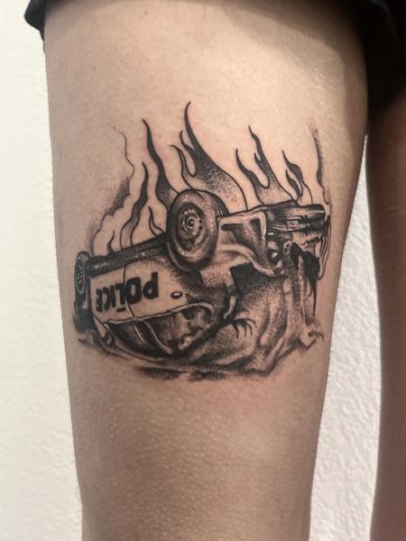 Blackwork burning police car tattoo by @tsok3rl