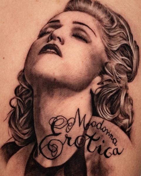 Realism portrait with text tattoo by @giaroseroart