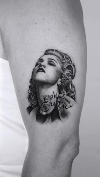 Realism portrait with text tattoo by @giaroseroart