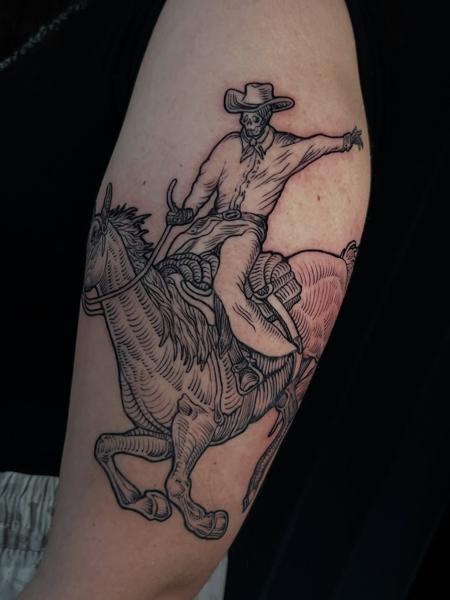 Linework skeleton cowboy tattoo by @whymetattoo