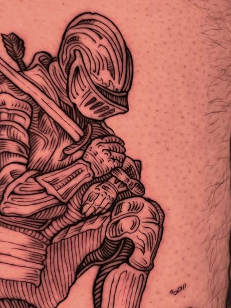 Linework armored knight tattoo by @whymetattoo