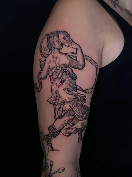 Linework classical figure tattoo by @whymetattoo