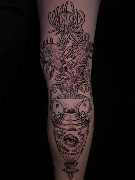 Linework floral vase tattoo by @whymetattoo