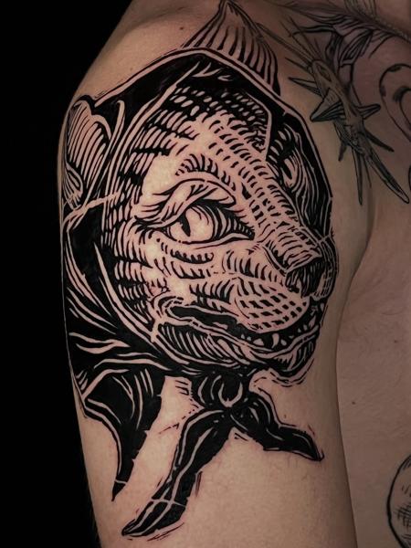 Blackwork hooded cat tattoo by @whymetattoo