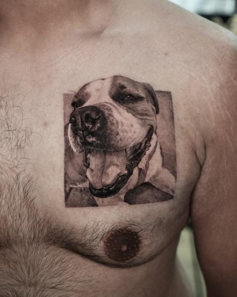 Realism dog portrait tattoo by @goldy_z