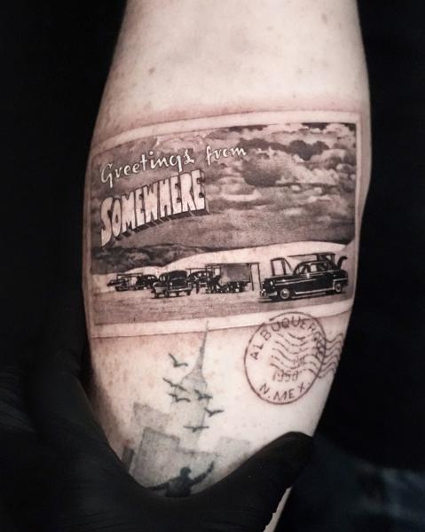 Realism vintage postcard tattoo by @goldy_z