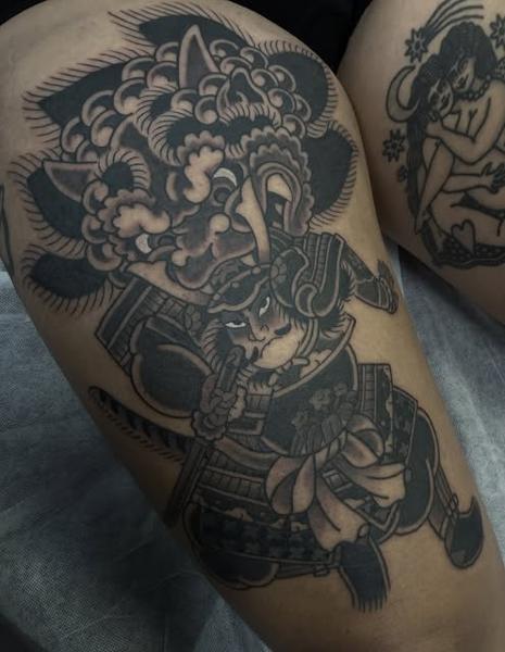 Japanese samurai mask tattoo by @bad_news_tattoos