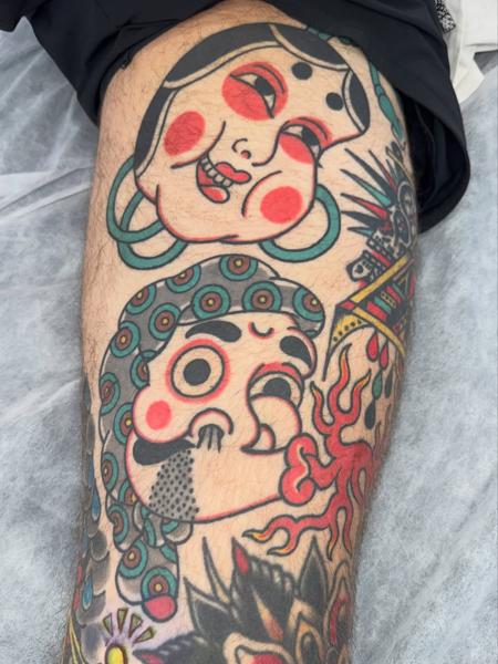 Traditional traditional masks tattoo by @bad_news_tattoos