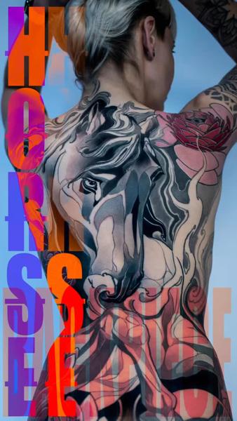 Realism horse and lotus tattoo by @gotyourbacktattoo