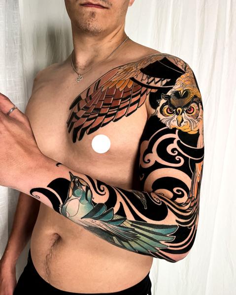 Japanese owl and bird tattoo by @gotyourbacktattoo