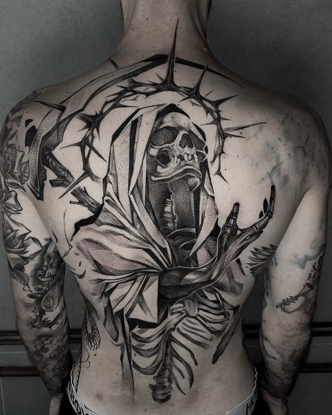 Blackwork skeleton figure tattoo by @luvnroll