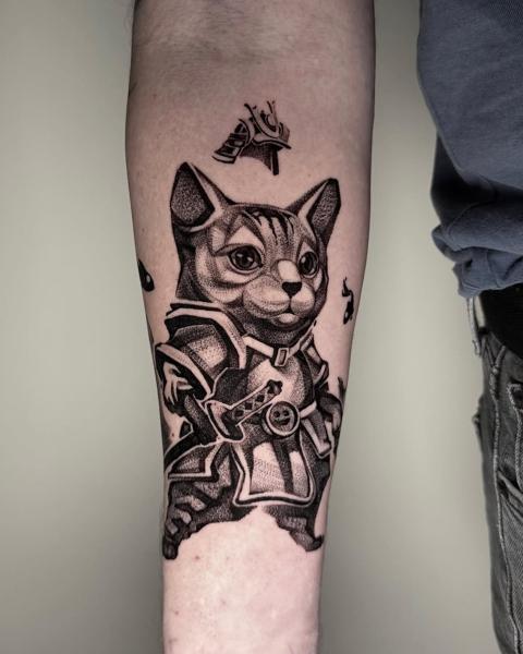Dotwork armored cat tattoo by @luvnroll