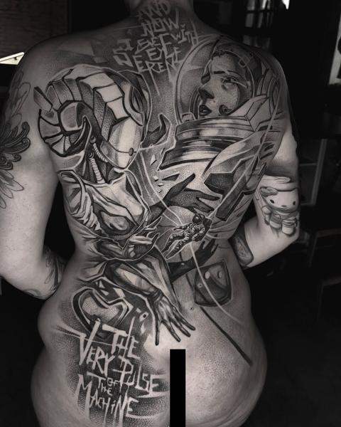 Blackwork astronaut and robot tattoo by @luvnroll