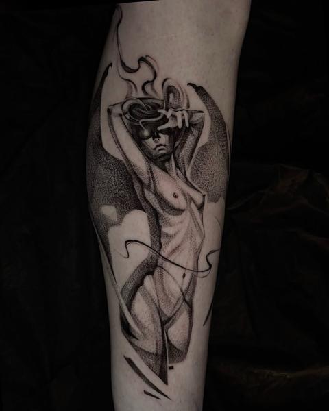 Dotwork demonic figure tattoo by @luvnroll