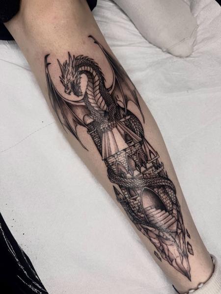 Illustrative dragon castle tattoo by @gracebtattoos