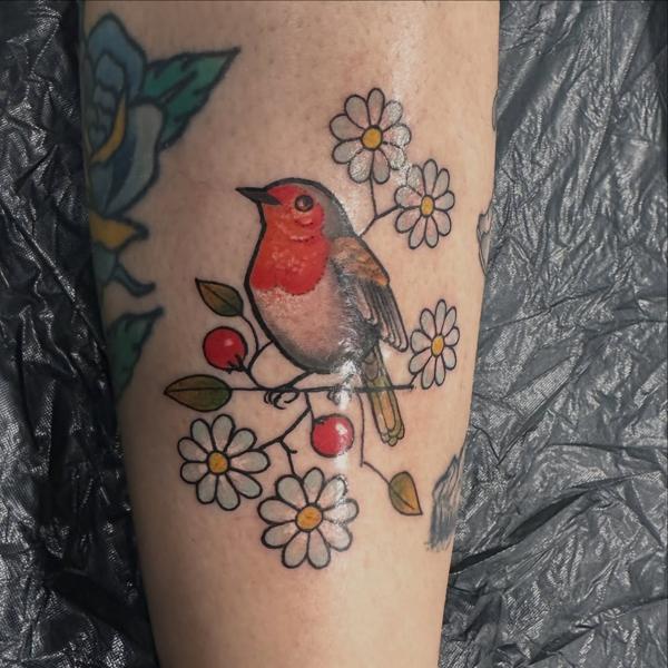 Illustrative robin daisies tattoo by @gracetattoo