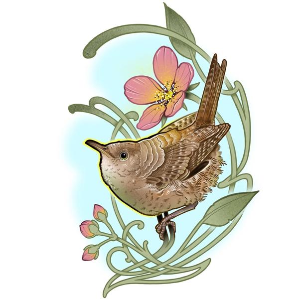 Illustrative wren and floral tattoo by @gracetattoo