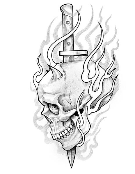 Blackwork flaming skull dagger tattoo by @gracetattoo