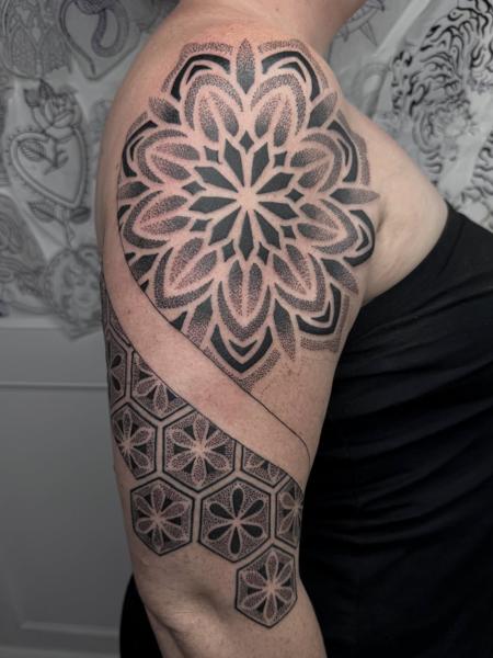 Geometric geometric mandala tattoo by @greharptattoo