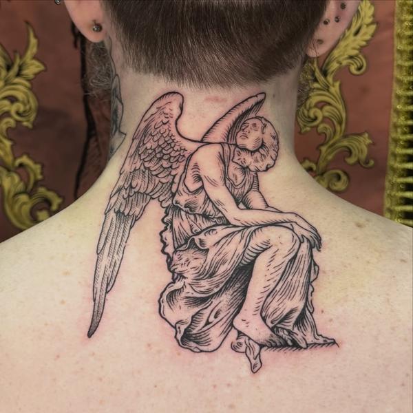 Linework seated angel tattoo by @goh_w_h.tattoo