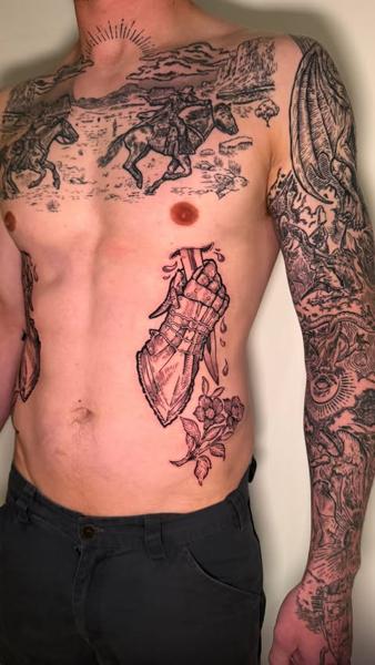 Linework dagger and flowers tattoo by @goh_w_h.tattoo