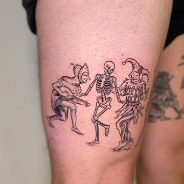 Illustrative dancing skeleton tattoo by @goh_w_h.tattoo