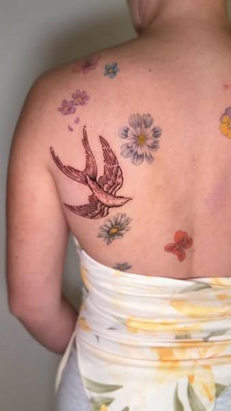 Fine line flying bird tattoo by @goh_w_h.tattoo