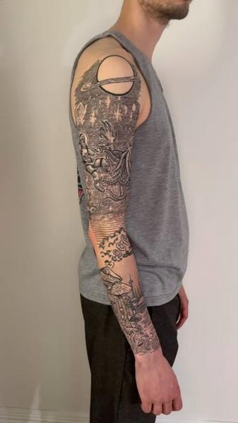 Linework mythical scene tattoo by @goh_w_h.tattoo