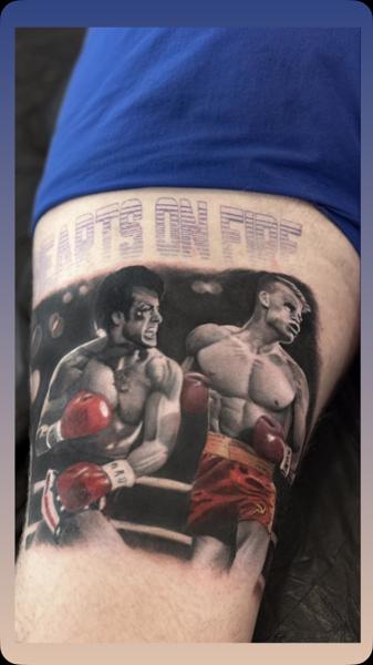 Realism boxing scene tattoo by @g.u.tattoo.uk
