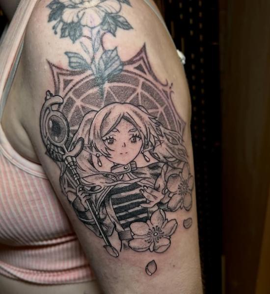 Anime anime girl staff tattoo by @hanb.tattoo