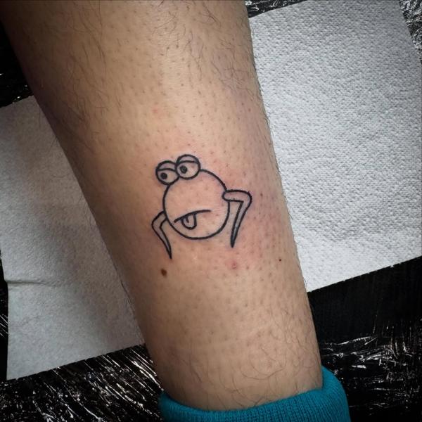 Linework cartoon frog tattoo by @hanb.tattoo