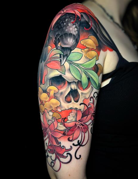 Neo-Traditional crow and skull tattoo by @hannahsteeleart