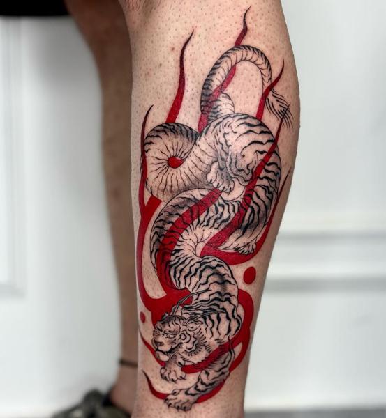 Japanese tiger snake tattoo by @mystickyfingers_