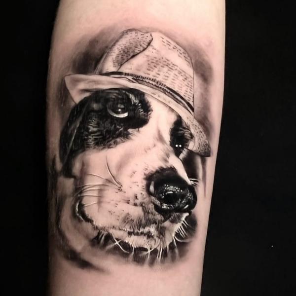 Realism dog with hat tattoo by @harris_confess_