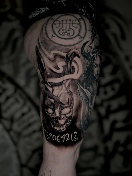 Dark illustrative creepy bunny mask tattoo by @harris_confess_