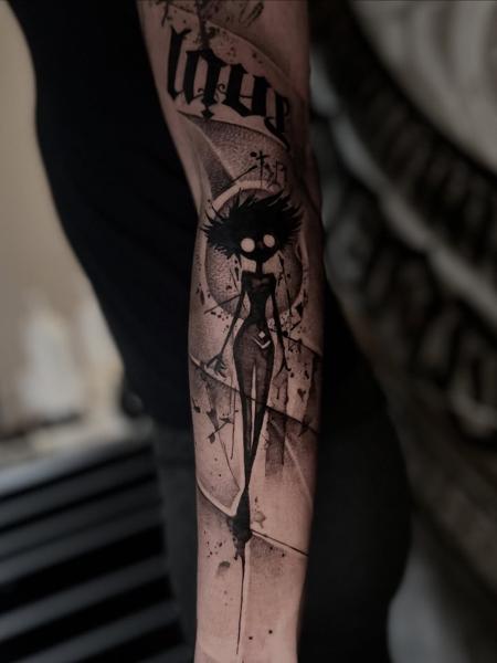 Blackwork dark character tattoo by @harris_confess_