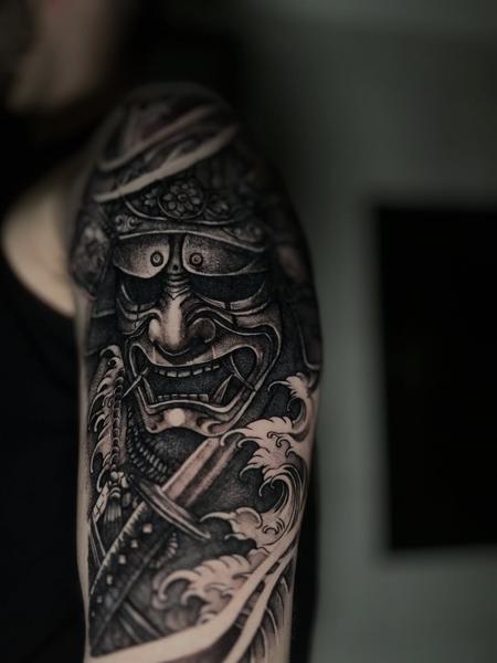 Japanese blackwork samurai mask waves tattoo by @harris_confess_