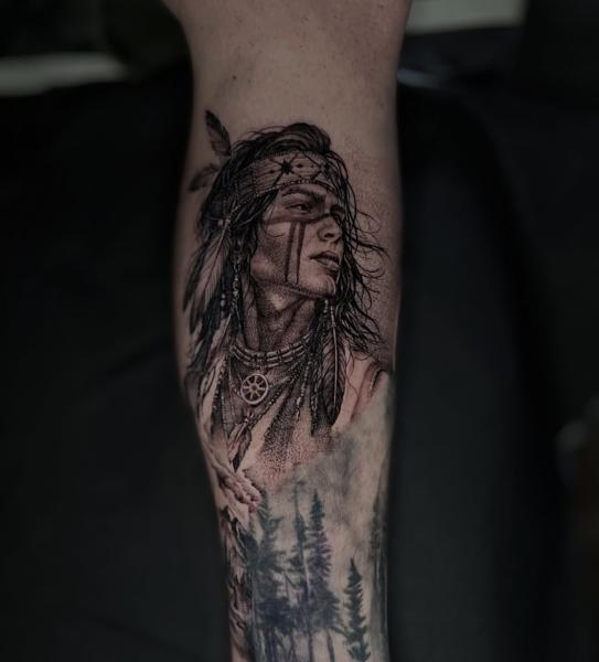 Realism native american portrait tattoo by @harris_confess_